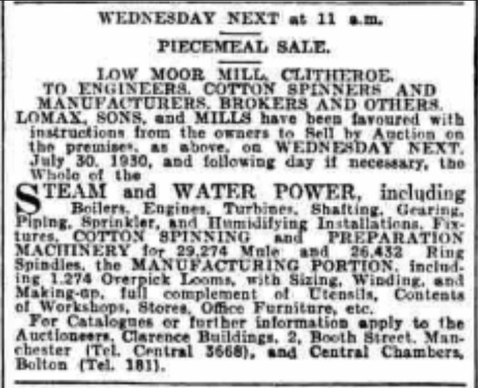 1930-07-26 Low Moor Mill for sale Yorkshire Post